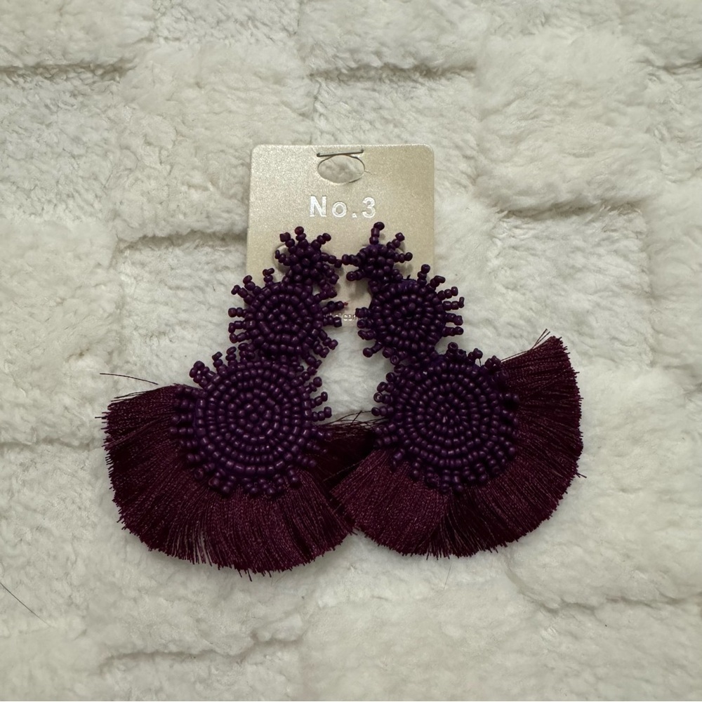 Bohemian Purple Beaded Drop Earrings, Three Tiered, Statement Fringe